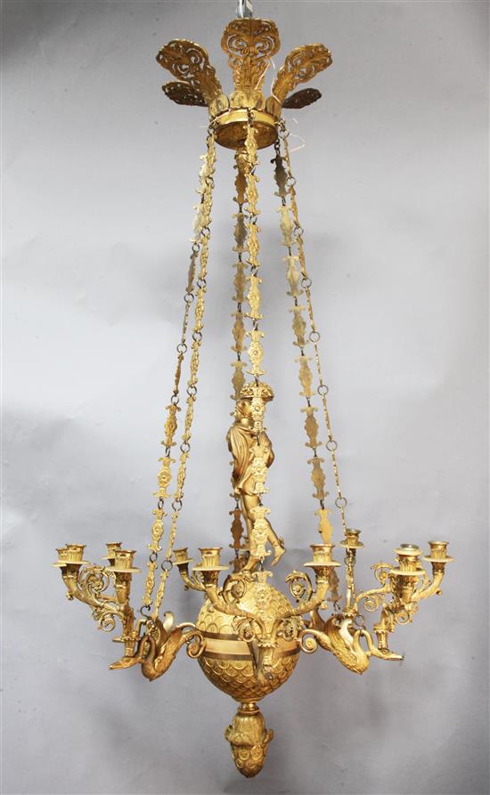 A fine Empire ormolu chandelier, drop 4ft 4in.